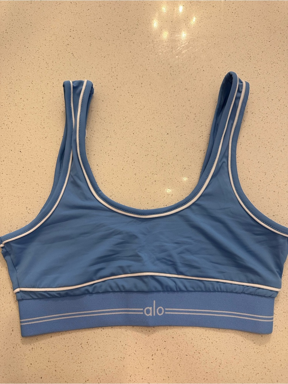 ALO Yoga Blue Scoop Neck Swim Top with White Piping